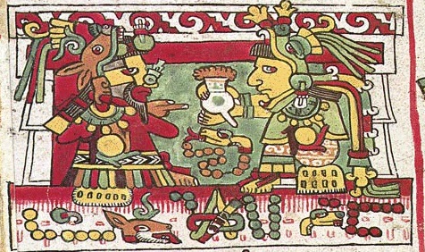 Códice Nuttall, representación de dos reyes de la cultura mixteca compartiendo una bebida de chocolate.