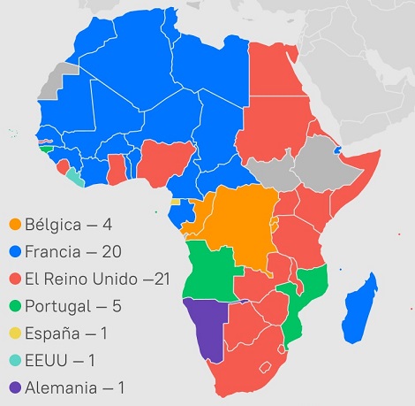 Mapa de África que muestra el número de colonias que se independizaron por cada país colonizador