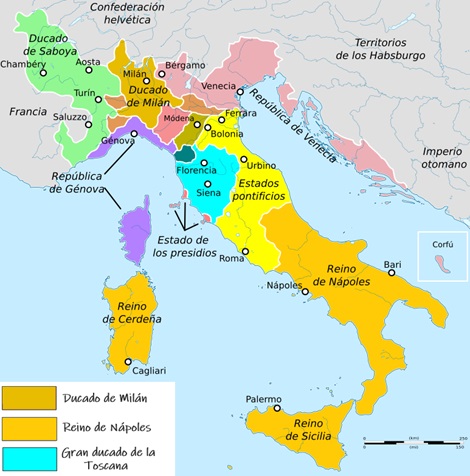 Mapa de la península itálica en el año 1600