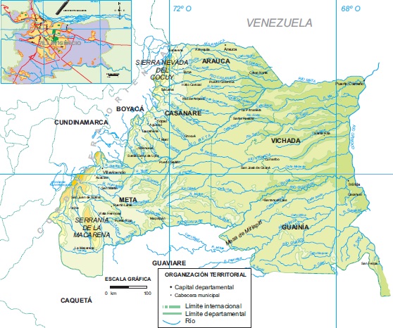 Mapa de la región de la Orinoquía de Colombia