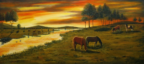 Pintura de un paisaje llanero rural