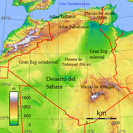 Mapa físico de Argelia
