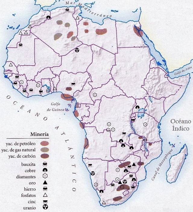 Mapa de África que muestra la distribución de los recursos mineros en el continente