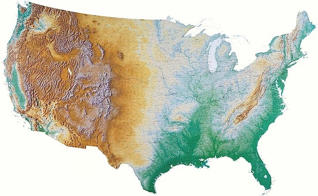 Mapa de Estados Unidos que muestra su aspecto topográfico