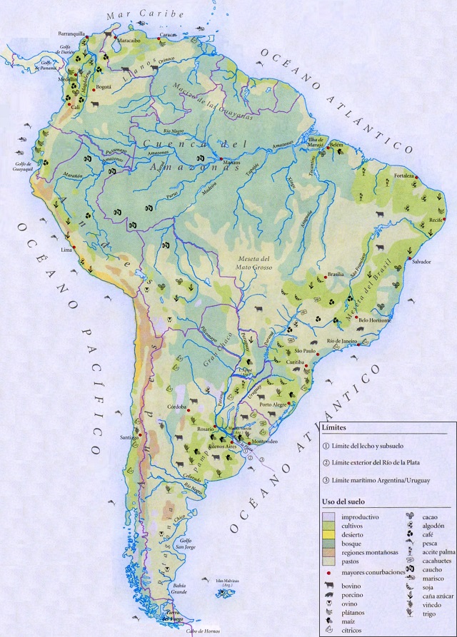 Mapa de América del Sur: Uso del suelo y del mar