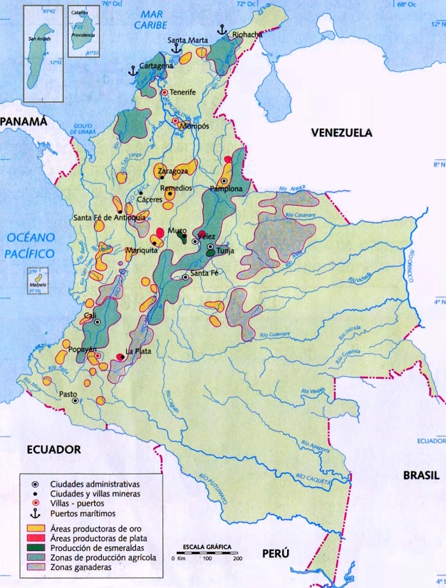 Mapa de Colombia con las actividades productivas en la Colonia