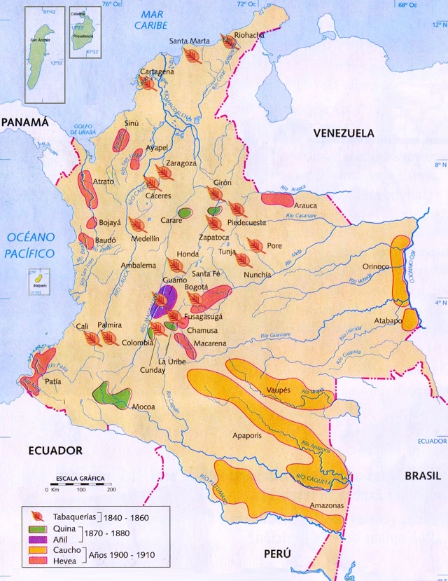 Mapa de Colombia con las áreas de economía de ciclo corto en el siglo XIX