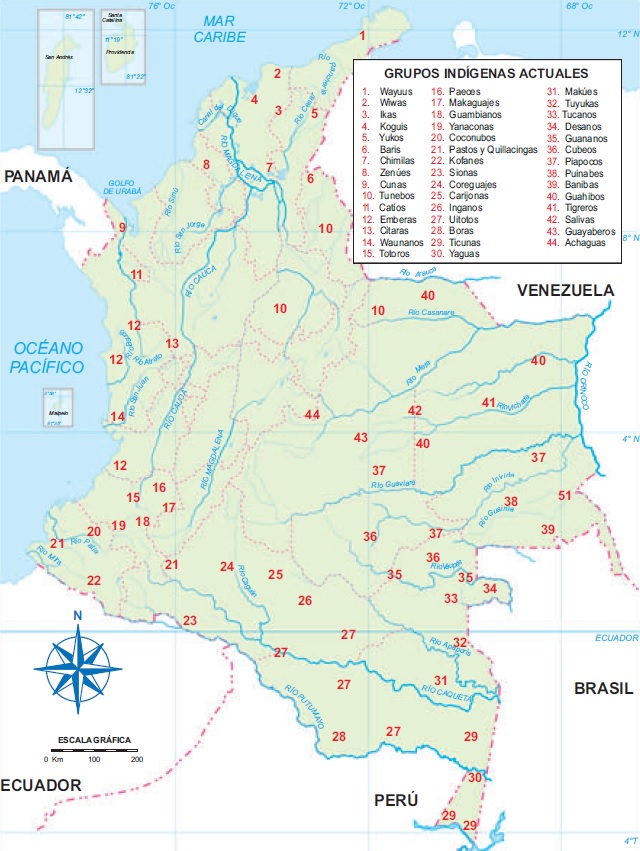 Mapa que muestra la ubicación de las comunidades indígenas actuales en Colombia