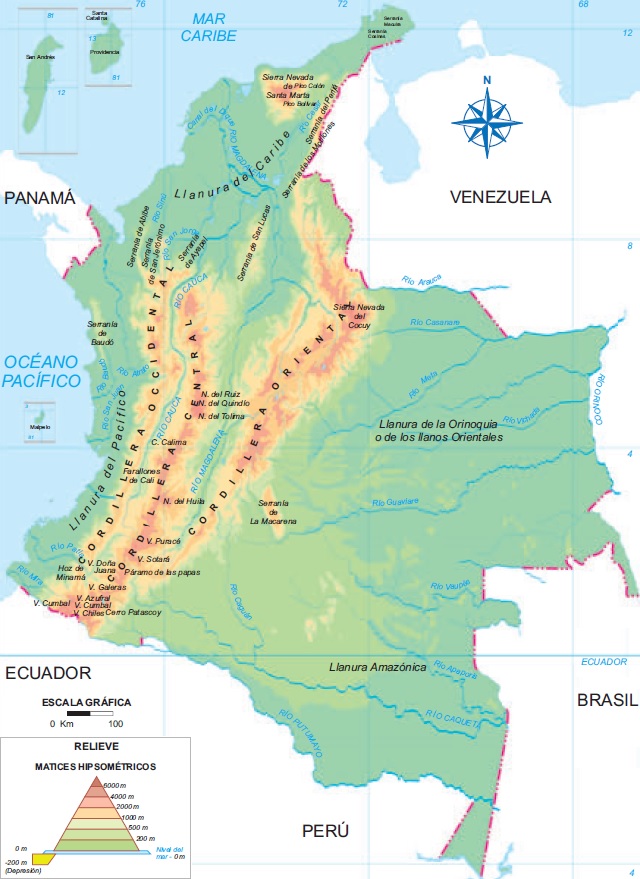 Mapa de Colombia que muestra su relieve y condiciones físicas