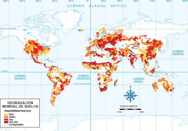 Mapamundi que muestra la degradación de los suelos del planeta