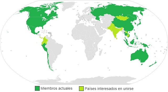 Mapamundi con los países miembros del Foro de Cooperación Asia Pacífico (APEC)