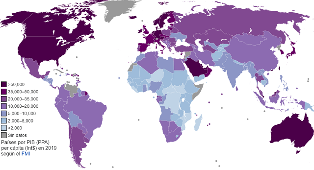 Mapamundi con la ubicación por países del PIB per cápita 2019