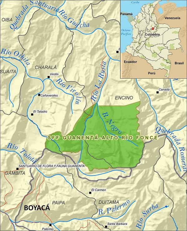 Mapa de la ubicación geográfica del Santuario de Fauna y Flora Guanentá Alto Río Fonce