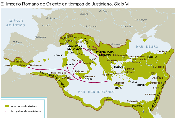 Mapa del Imperio Romano de Oriente en tiempos de Justiniano