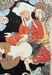 Mahoma y Abu Bakr, primer califa y padre de Ayesha, mujer del Profeta, en una cueva (miniatura turca).