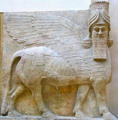 Detalle de un toro alado de cabeza humana (Lamassu)