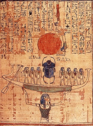 Nun, como dios del Océano Primordial, porta la barca del dios sol Ra.