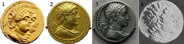1) Octodracma con las efigies de Ptolomeo II y su segunda esposa, Arsínoe II. 2) Octodracma: efigie de Ptolomeo IV. 3)  Tetradracma: efigie de Ptolomeo V. 4) Moneda: efigie de Ptolomeo VI.