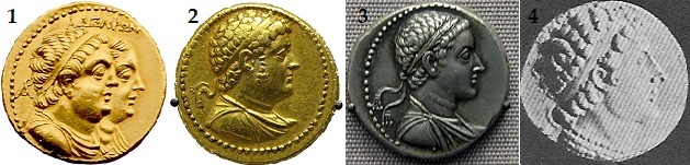 1) Octodracma con las efigies de Ptolomeo II y su segunda esposa, Arsínoe II. 2) Octodracma: efigie de Ptolomeo IV. 3)  Tetradracma: efigie de Ptolomeo V. 4) Moneda: efigie de Ptolomeo VI.