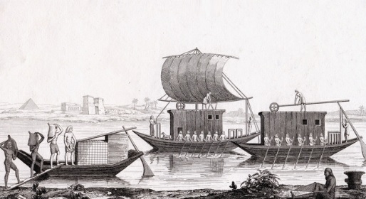 Ilustración de una embarcación egipcia con bloques de granito