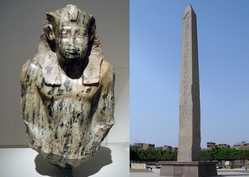 Estatua del faraón Sesostris I. Obelisco en Heliópolis.