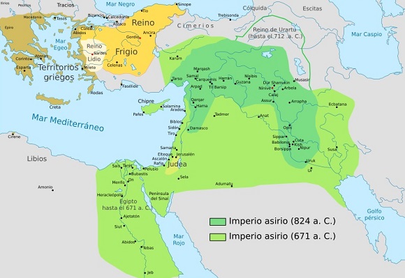 Expansión del Imperio asirio entre 824 y 671 a.C.