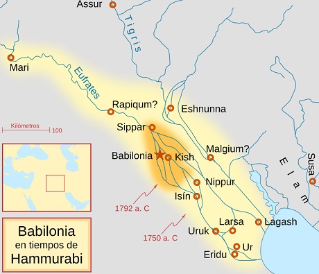 Mapa del Imperio paleobabilónico (Primer Imperio Babilónico) tras las conquistas de Hammurabi