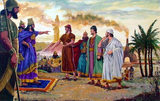Ilustración de Daniel, Ananías, Misael y Azarías en conversación con el rey Nabucodonosor II