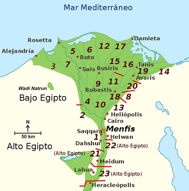 Mapa que muestra los nomos del antiguo Bajo Egipto