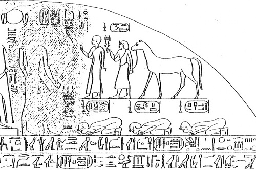 Dibujo de la parte superior derecha de la estela de la victoria del faraón Pianj