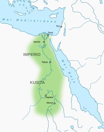 Mapa que muestra la extensión máxima del Imperio kushita, hacia el 700 a.C.