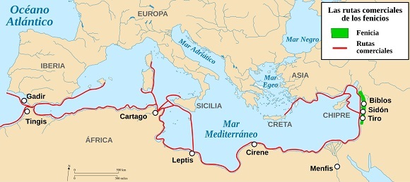 Mapa de las principales rutas comerciales usadas por los fenicios