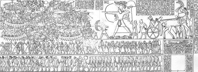 Batalla del Delta entre Ramsés III y los pueblos del mar en el siglo XII a.C. Templo de Medinet Habu, Tebas.
