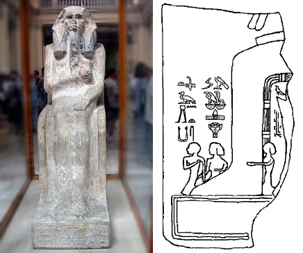 Estatua de Djoser y jeroglíficos con los nombres de su familia