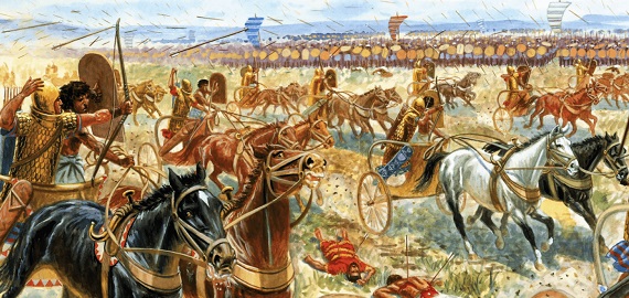 “Carros egipcios atacando a la infantería cananea”. Autor Giuseppe Rava. La batalla de Megido.