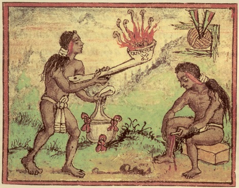Sacerdote azteca en una sangrienta práctica religiosa