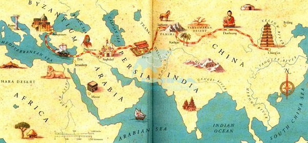 Mapa ilustrado de las aventuras de Marco Polo donde se distingue la Ruta de la Seda desde Constantinopla hasta Shangai.