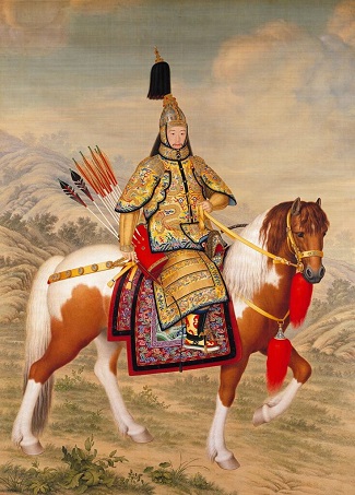 El Emperador Qianlong montado a caballo con una armadura ceremonial. Pintura del misionero jesuita italiano Giuseppe Castiglione.