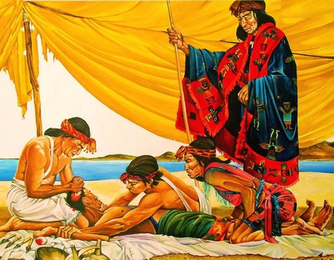 Ilustración sobre una trepanación craneal por un cirujano (Sir Kah) paracas