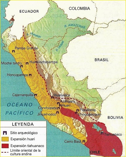 Ubicación geográfica de la cultura Huari. Se muestra también el área de influencia Tiahuanaco.