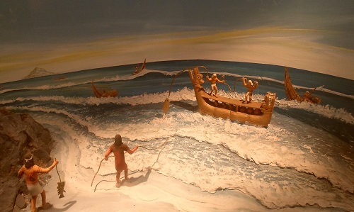 Ilustración de pescadores mochicas usando los caballitos de totora.