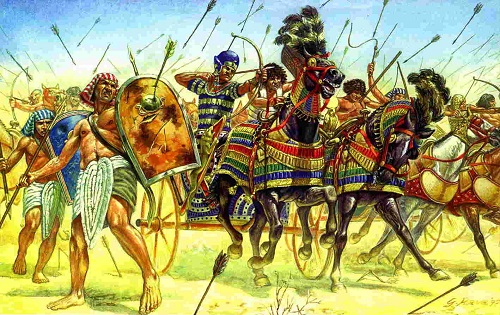Ilustración sobre la batalla de Qadesh del año 1274 a.C. Enfrentamiento entre las fuerzas egipcias del faraón Ramsés II y los hititas de Muwatalli.