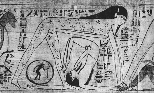 Osiris itifálico, debajo de Geb, el dios creador en la mitología egipcia.