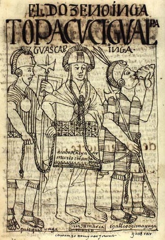 Huáscar conducido por Quizquiz y Chalcuchímac (generales de Atahualpa). Dibujo de Guamán Poma de Ayala.