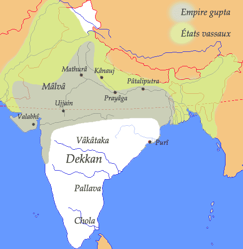 Mapa del Imperio Gupta, siglos IV y V.
