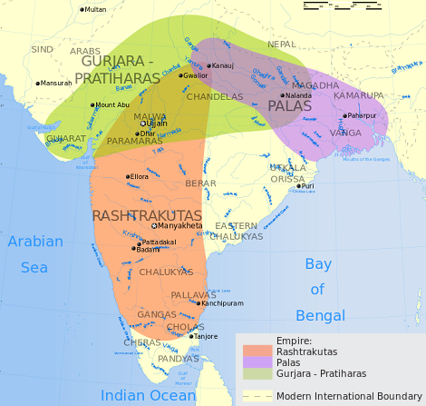 Imperios medievales en la India: Pala, Pratihara y Rashtrakuta.