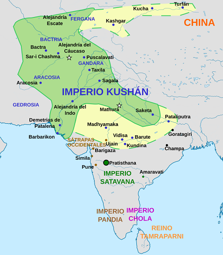 Mapa del Imperio Kushana en su máxima extensión hacia el 250 d.C