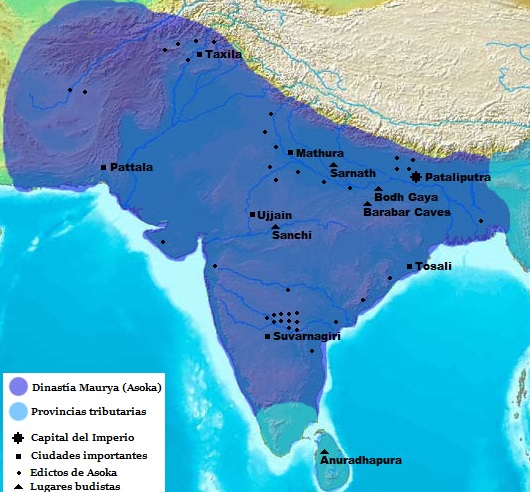 Mapa del Imperio Maurya en 265 a.C.