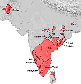 Mapa de la India donde se señalan con color rojo las zonas que en la actualidad hablan alguna lengua de origen dravídico