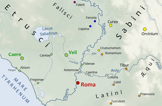 Roma y sus alrededores. Se muestra la ubicación de latinos, sabinos y etruscos, respecto a la ciudad de Roma. Roma y sus alrededores. Se muestra la ubicación de latinos, sabinos y etruscos, respecto a la ciudad de Roma.